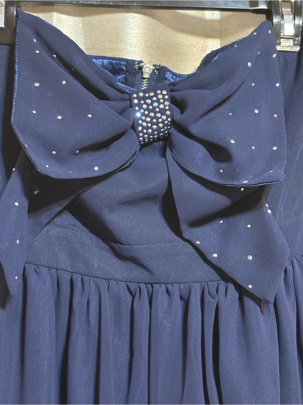 Strapless Party Dress with Bow and Rhinestone Accents
